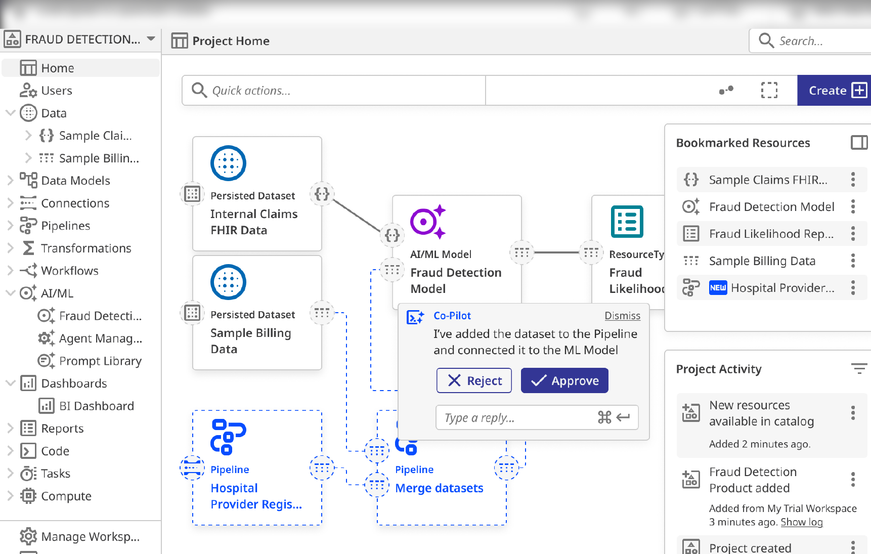A higher-fidelity mockup with the AI assistant proposing a pipeline change ('I&rsquo;ve added the dataset to the Pipeline and connected it to the ML Model') with Reject and Approve buttons for the human in the loop.