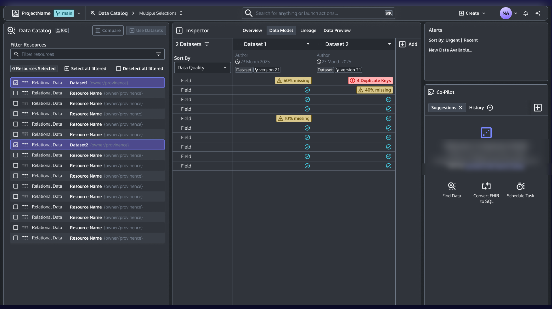 A higher-fidelity mockup of the Data Catalog with two relational datasets compared side-by-side: a Data Catalog browser on the left listing resources, an Inspector in the middle showing field-by-field comparison with data-quality alerts (40% missing, 4 duplicate keys), an Alerts panel on the right, and a AI assistant panel below it.