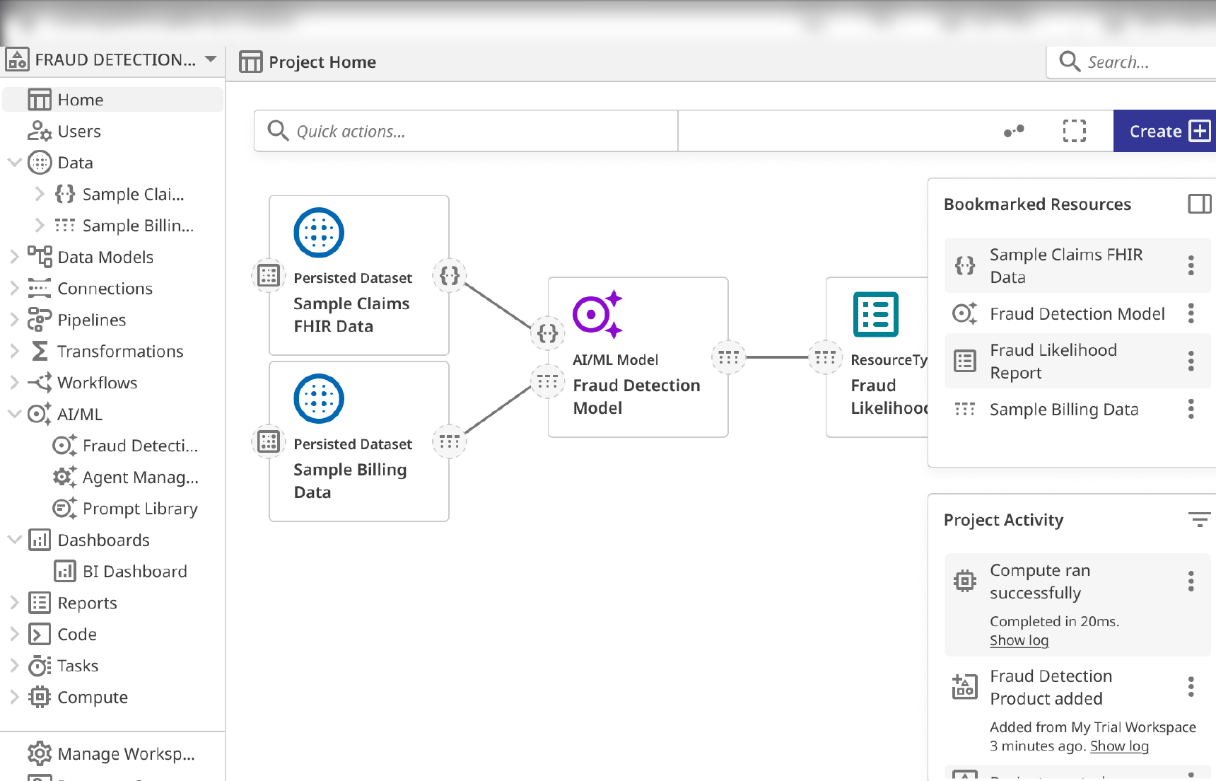 A higher-fidelity mockup of the data & AI platform: a left sidebar of resource types (Home, Users, Data, Pipelines, Workflows, AI/ML, Dashboards, Reports, Code, Tasks, Compute), a central pipeline canvas with persisted datasets and an AI/ML model node, and a right rail of Bookmarked Resources and Project Activity.