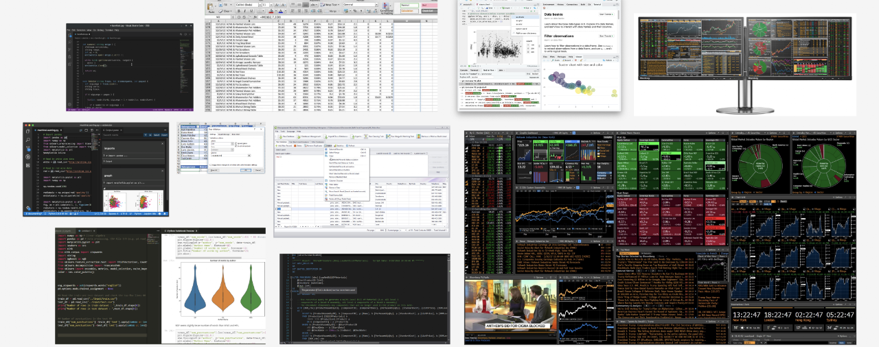 A montage of tools data teams employ throughout the week (IDEs, code editors, dashboards, spreadsheets, and command-line panes) typifying the fragmented multi-tool stack.