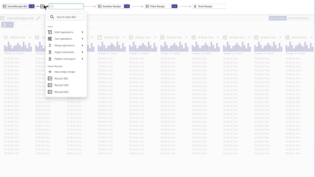A higher-fidelity mockup showing an action-menu dropdown opened over a multi-column chartbook grid from the company design system, listing operations like Add operations, Combine outputs, and Validate columns.