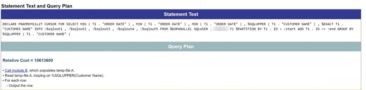 The legacy SQL querying interface: a header labelled 'Statement Text and Query Plan' above a single dark-blue banner row, with a long plain-text SQL query and a query-plan list beneath.