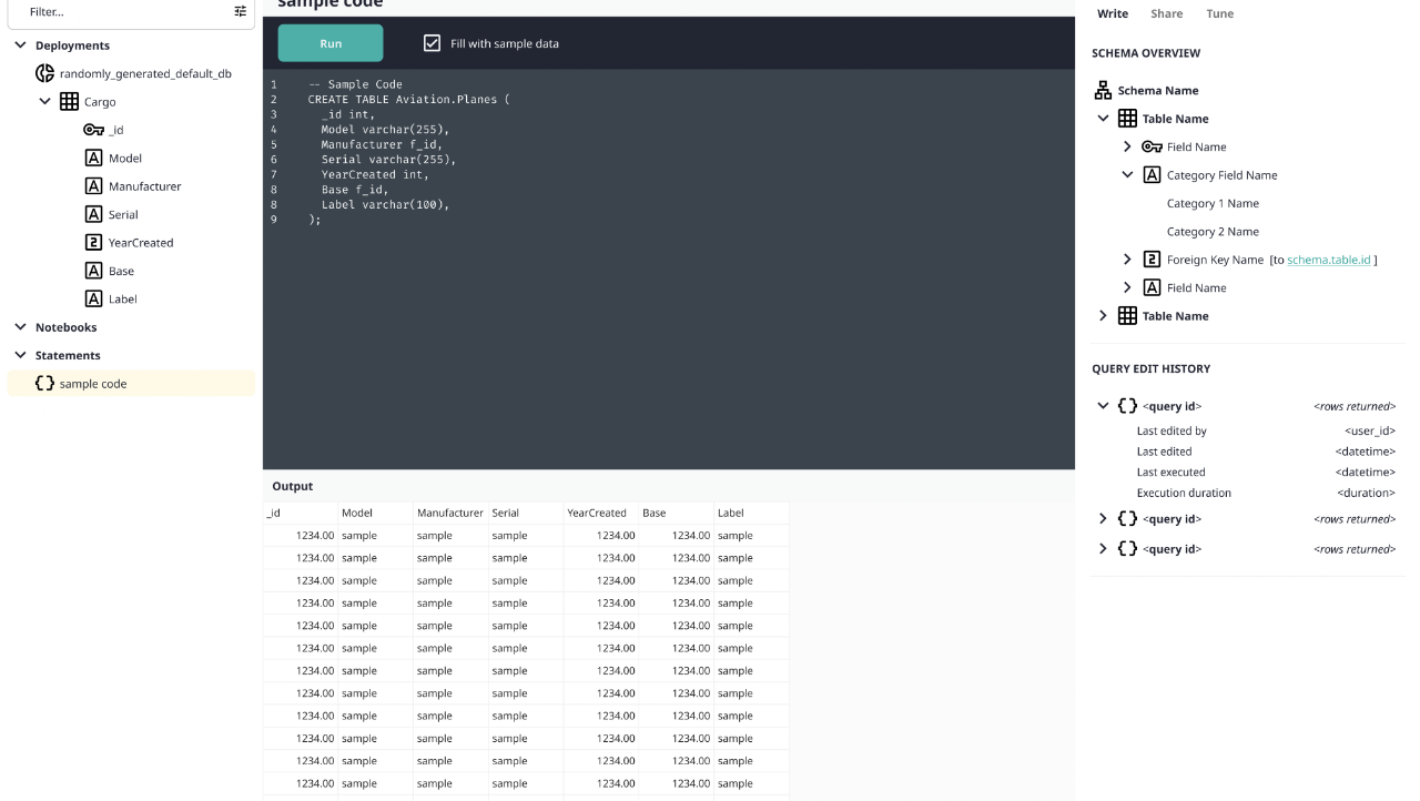 An early wireframe of the query editor: a SQL editor over a sample dataset, a schema overview on the right, and a query edit history panel.