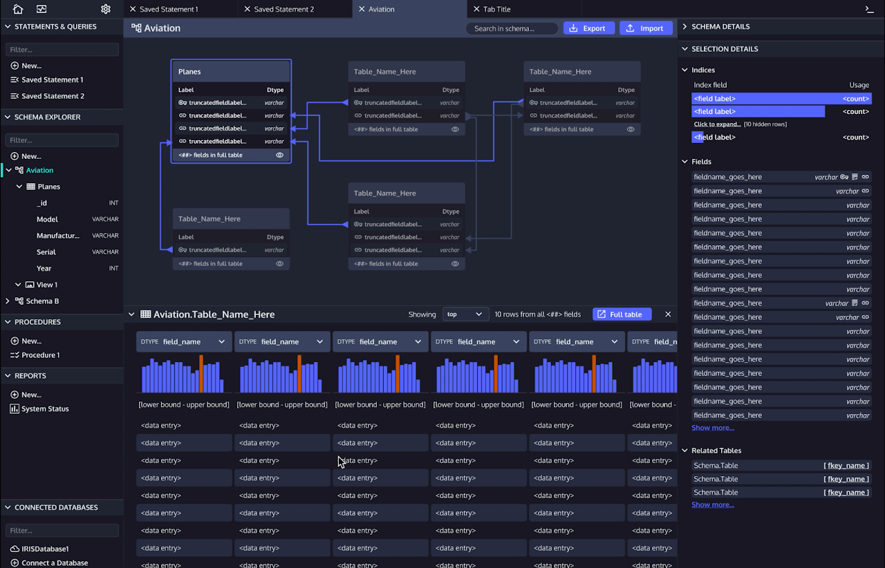 A higher-fidelity dark-mode schema view showing table relationships, distribution charts, and a side panel of selection details and indices.